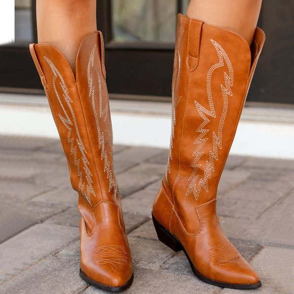 NEW๐ฅ Cognac Embroidered Cowboy Western Boots Knee High Low Block Heel Pull-On - Picture 3 of 7